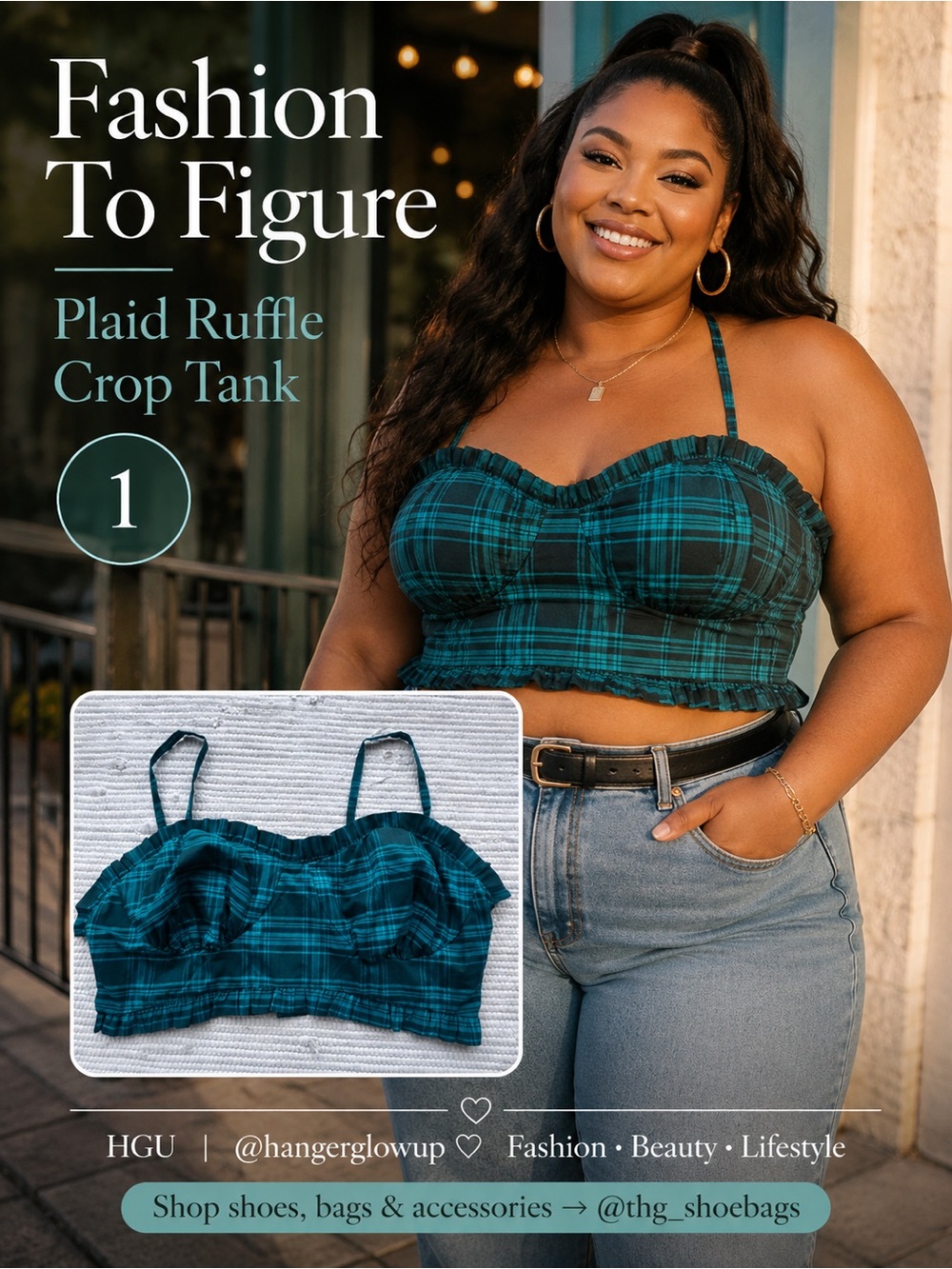 Fashion To Figure Teal Plaid Ruffle Bustier Crop Top Size 1 NWT